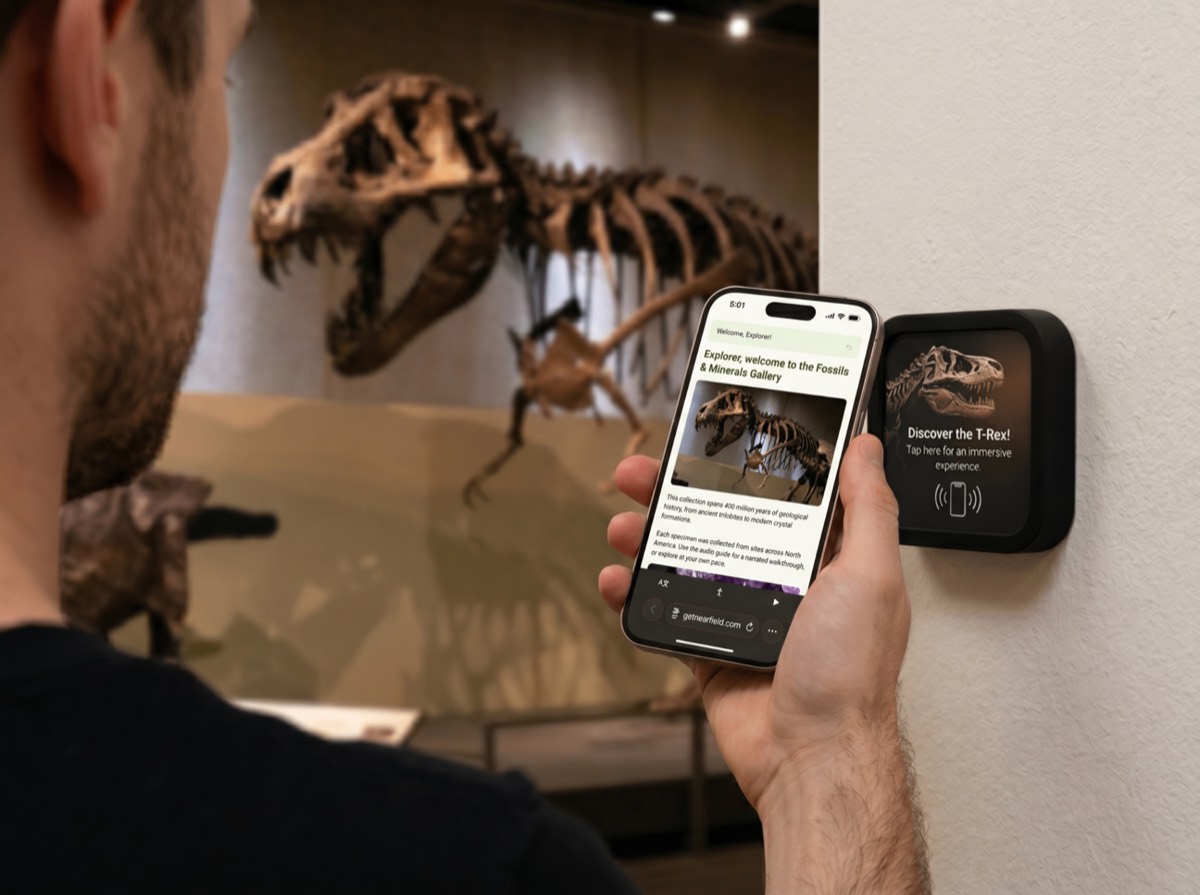 A visitor holds their phone to a NearField Marker beside a museum exhibit and the content opens instantly