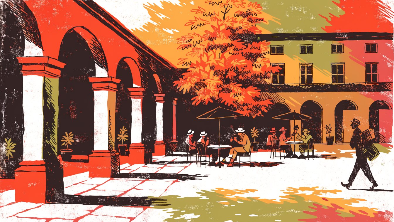 A hotel courtyard where guests gather at the tables
