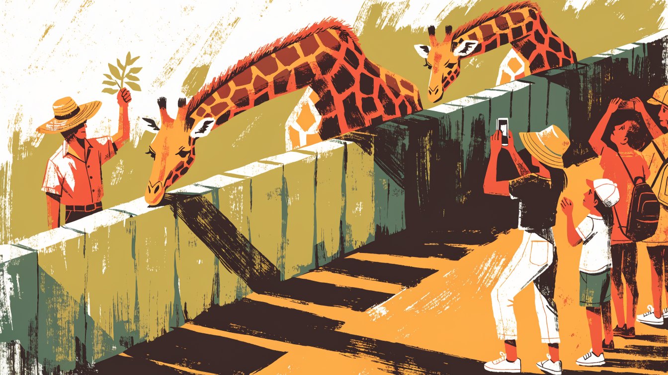 A zoo giraffe-feeding deck where visitors gather at the rail