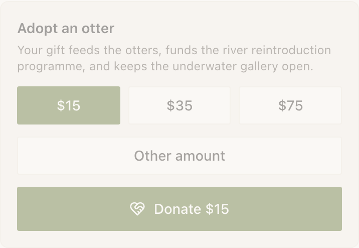 A Donate block headed "Adopt an otter", explaining that the gift feeds the otters, funds the river reintroduction programme and keeps the underwater gallery open. Three amount buttons read $15, $35 and $75 with $15 selected and filled green, an Other amount button sits below them, and a wide green button reads "Donate $15".