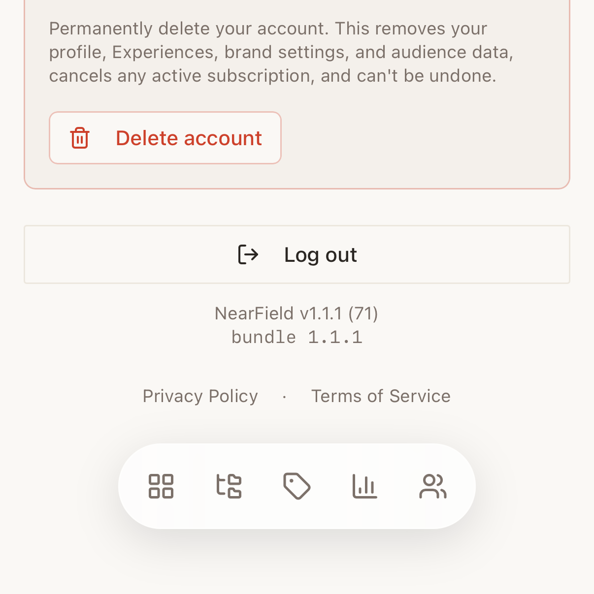 The foot of the Account screen in the app: a Delete account button in a red-bordered danger panel, a Log out button, and under it two lines reading "NearField v1.1.1 (71)" and, in monospace, "bundle 1.1.1", above Privacy Policy and Terms of Service links.