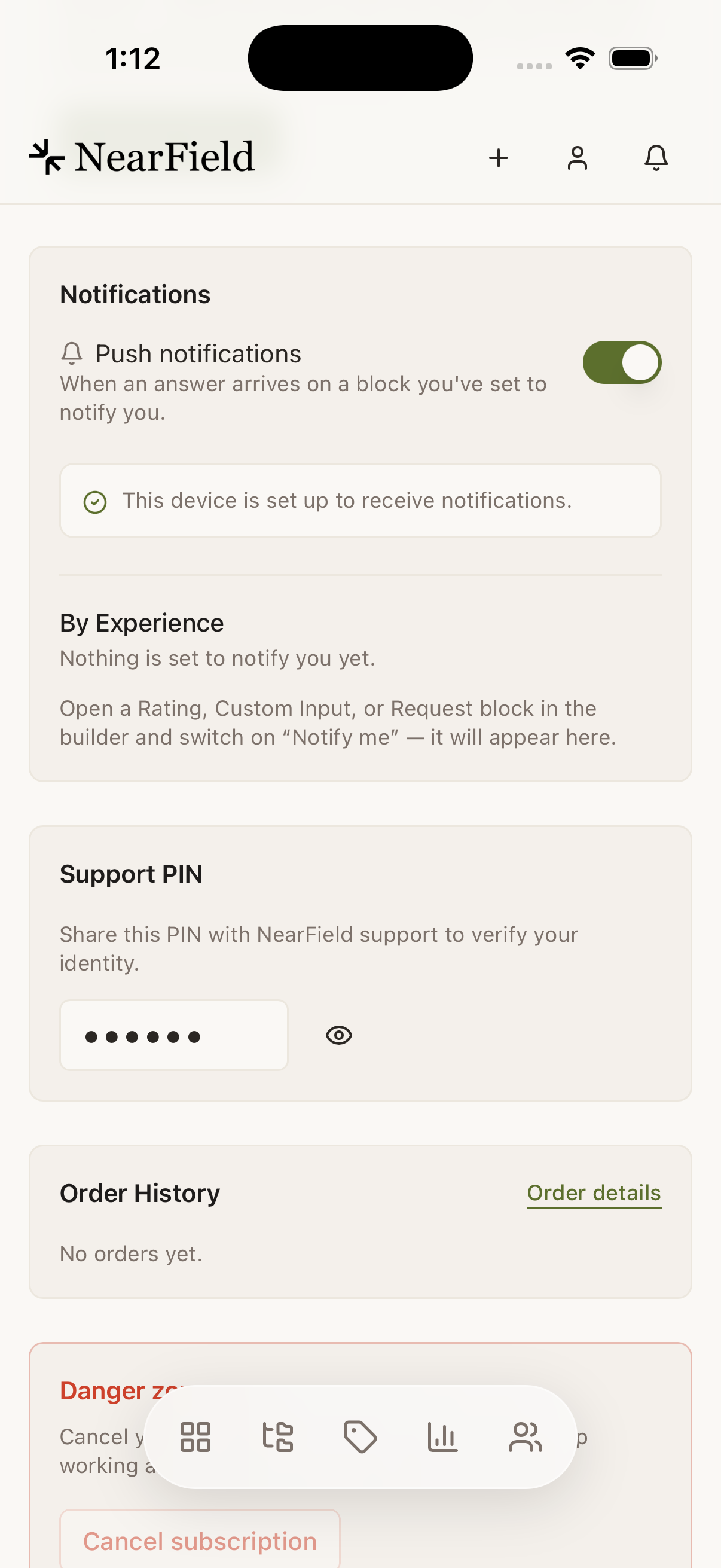 The Notifications section of Account in the app. A Push notifications row with its toggle on reads "When an answer arrives on a block you've set to notify you", and a confirmation underneath says "This device is set up to receive notifications." A By Experience section below reads "Nothing is set to notify you yet" and explains that switching on Notify me in a Rating, Custom Input or Request block adds it here. A Support PIN card follows, its PIN masked behind an eye toggle.