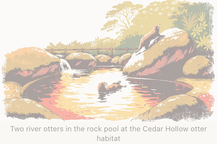 An Image block on a published page: a full-width illustration of a river pool with two otters swimming and a third on a rock, a waterfall and a footbridge behind them. A centred caption sits below the picture reading “Two river otters in the rock pool at the Cedar Hollow otter habitat”.