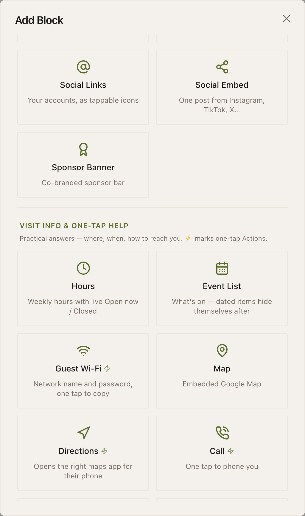 The Add Block picker scrolled to a group boundary. The tail of PHOTOS & MEDIA shows Social Links, Social Embed and Sponsor Banner. Below a rule, the heading VISIT INFO & ONE-TAP HELP carries the note “Practical answers: where, when, how to reach you. ⚡ marks one-tap Actions.” Its first six tiles follow: Hours, Event List, Guest Wi-Fi with a lightning bolt after its name, Map, Directions and Call, the last two also marked with the bolt.
