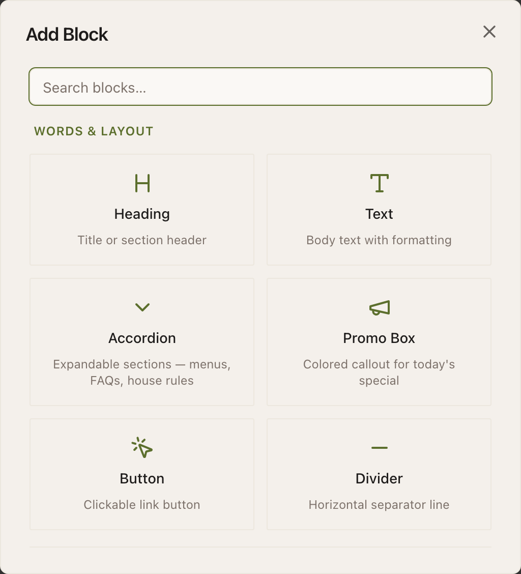 The Add Block dialog, open at the top. A Search blocks field sits under the title, and below it the first group, WORDS & LAYOUT, showing six tiles in two columns: Heading, Text, Accordion, Promo Box, Button and Divider, each with an icon and a one-line description.