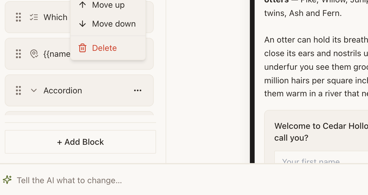 A block's three-dot menu open over the block list. The visible entries are Move up and Move down with arrow icons, then a divider, then Delete in red with a bin icon; the top of the menu runs off the crop. Behind it the block rows and the + Add Block button are partly covered.