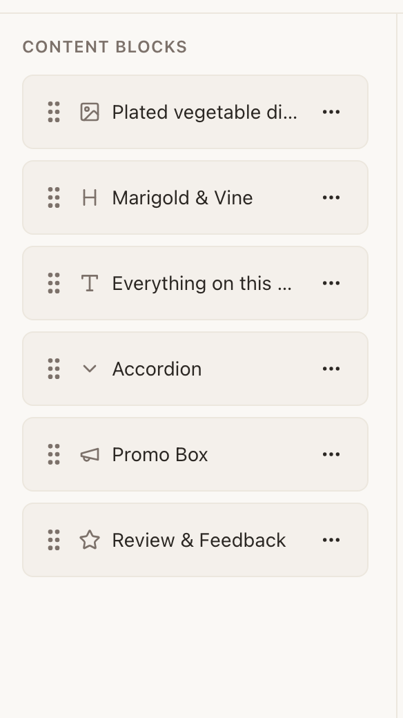 The builder's Content Blocks column for a restaurant Experience: six rows, each with a drag handle, a type icon and an overflow menu. In order: an image named “Plated vegetable di…”, a heading “Marigold & Vine”, a text block “Everything on this …”, an Accordion, a Promo Box, and Review & Feedback.