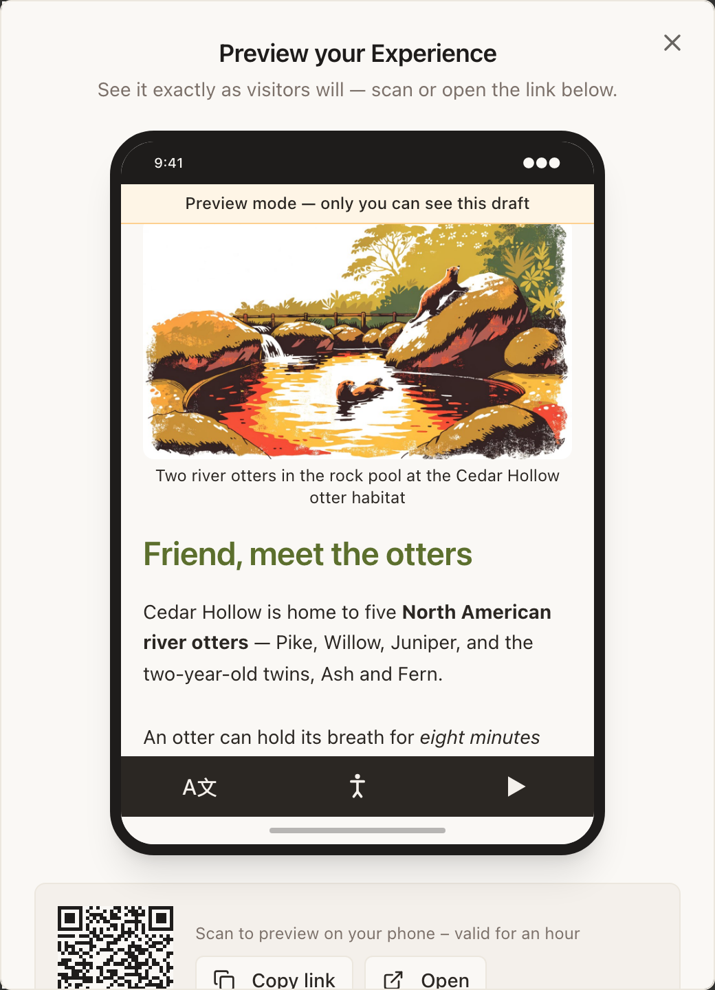 The panel headed “Preview your Experience”, with the line “See it exactly as visitors will. Scan or open the link below.” A phone frame in the middle renders the draft behind a cream banner reading “Preview mode: only you can see this draft”, with the dark Inclusion Bar along the bottom of the frame. Underneath sits a QR code beside the text “Scan to preview on your phone. Valid for an hour”, with Copy link and Open buttons.