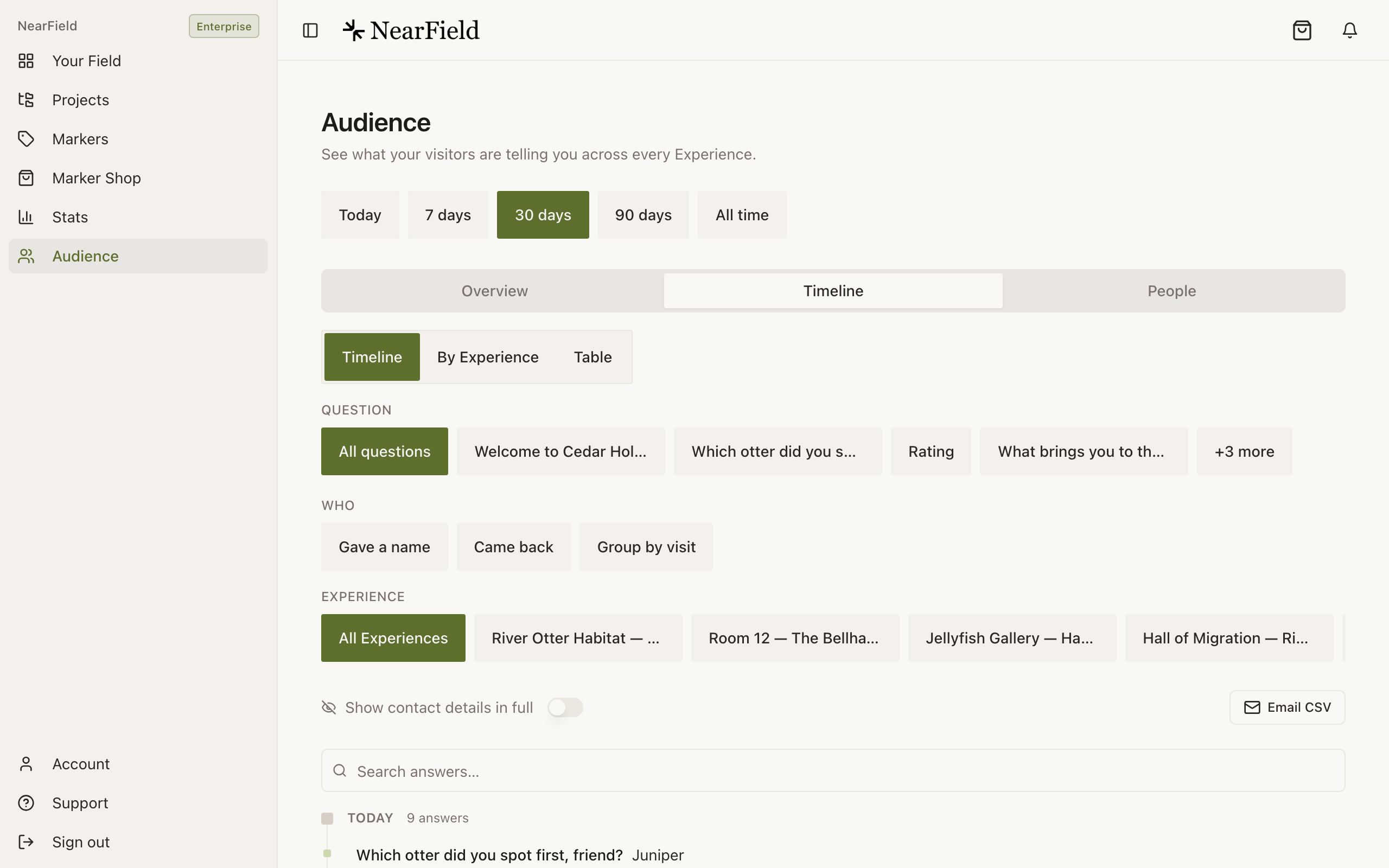 The Timeline tab on Audience, with 30 days selected in the period picker above the Overview, Timeline and People tabs. Under the tabs sit a Timeline / By Experience / Table switch, then labelled rows of filters: Question, with All questions selected beside chips for each question and a +3 more; Who, with Gave a name, Came back and Group by visit; and Experience, with All Experiences selected. A Show contact details in full switch sits off beside an Email CSV button, above a Search answers box and a day heading reading "Today · 9 answers".