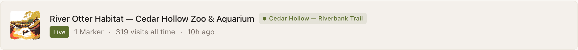 One row from the Experience list: a small illustration thumbnail, the name “River Otter Habitat — Cedar Hollow Zoo & Aquarium”, a green Project chip reading “Cedar Hollow — Riverbank Trail”, and underneath a green Live badge with the meta line “1 Marker · 319 visits all time · 10h ago”.