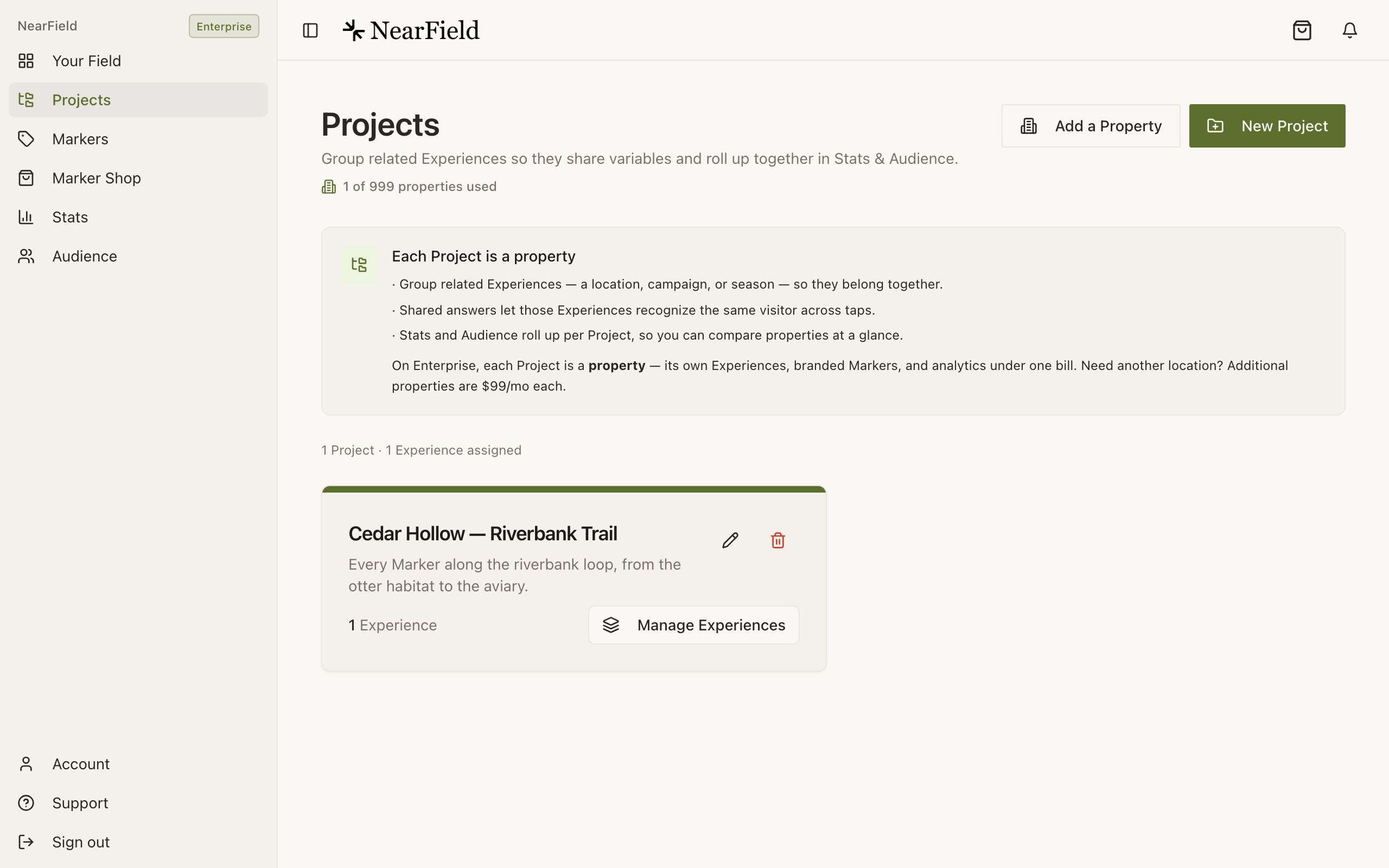 The Projects page. The heading reads Projects with the line “Group related Experiences so they share variables and roll up together in Stats & Audience” and a counter reading “1 of 999 properties used”. An explainer card headed “Each Project is a property” lists three bullets about grouping, shared answers and per-Project roll-up, then a note that on Enterprise each Project is a property at $99 a month. Below it, one Project card, “Cedar Hollow — Riverbank Trail”, with a description, “1 Experience”, a Manage Experiences button, and pencil and red bin icons. Add a Property and New Project buttons sit at the top right.