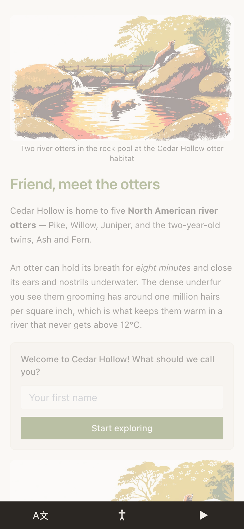 A visitor's page headed "Friend, meet the otters" over two paragraphs about the animals, with the name-capture card asking "Welcome to Cedar Hollow! What should we call you?" further down the page.