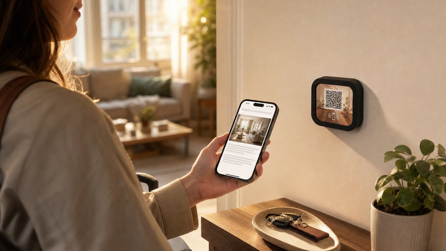 A guest taps her phone to a NearField Marker on the wall above an apartment entry console