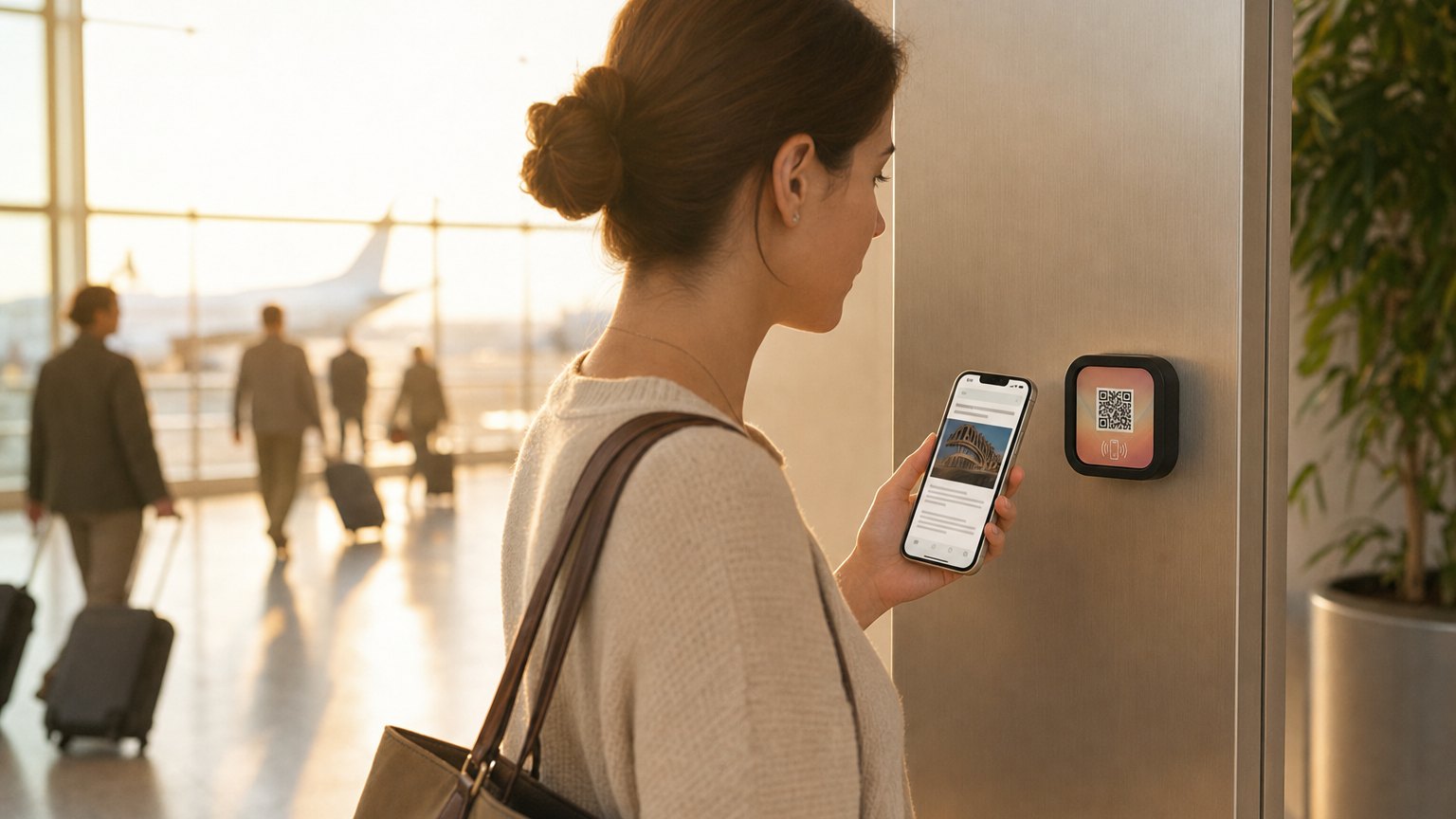 A traveller taps her phone to a NearField Marker on an airport terminal directory