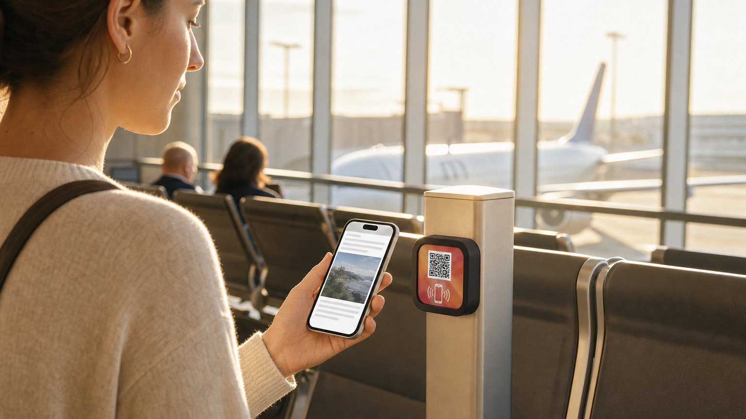 A traveller taps her phone to a NearField Marker on the post of an airport gate seating bank