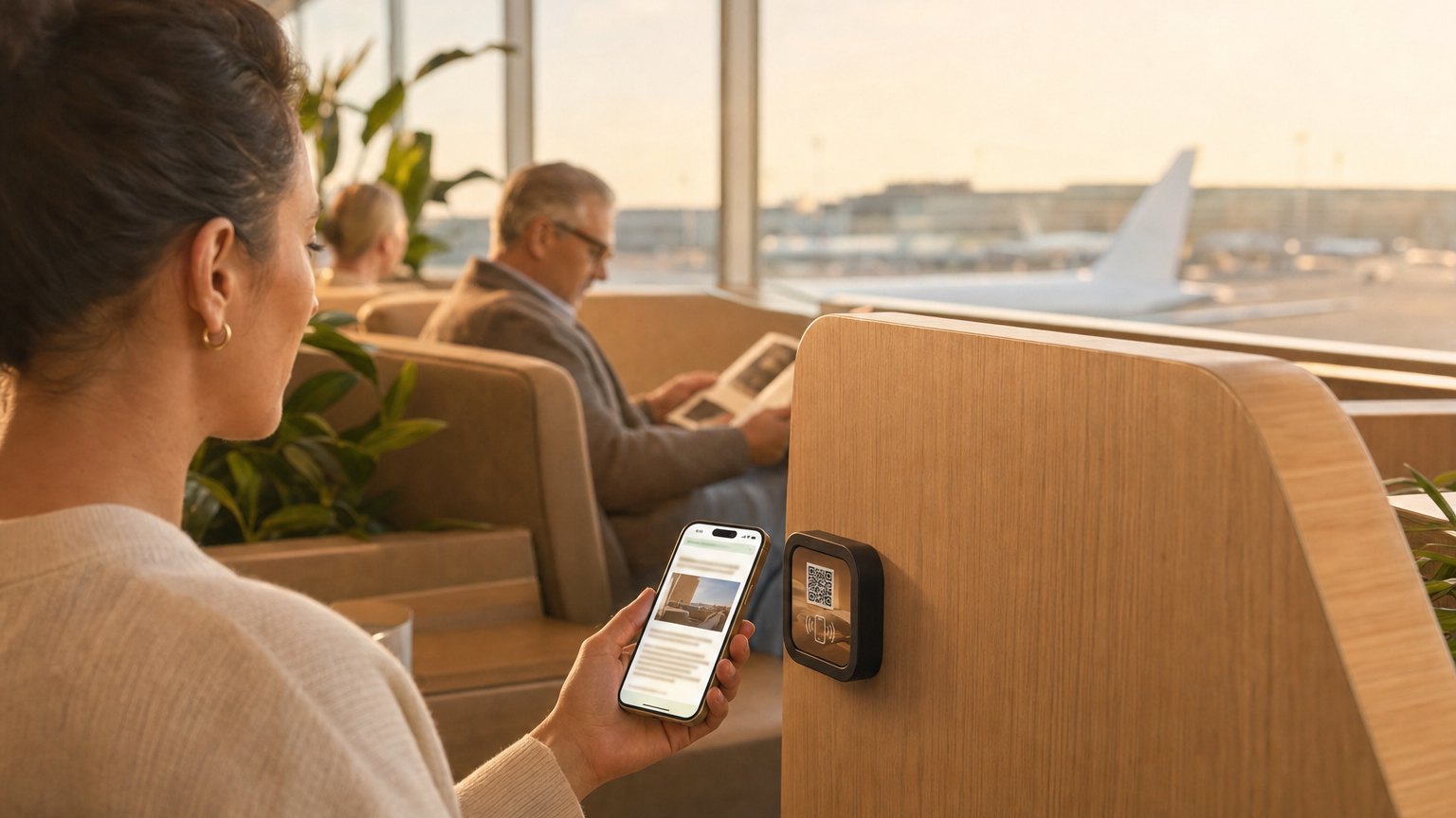 A traveller taps her phone to a NearField Marker in an airport lounge