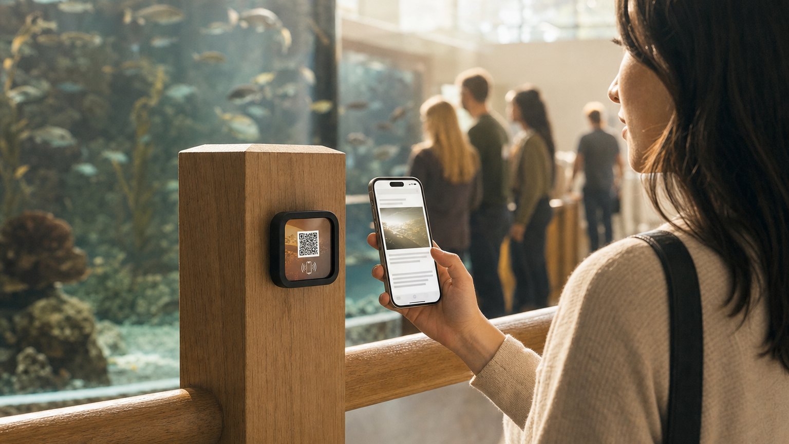 A visitor taps a NearField Marker on a railing post in front of a large aquarium tank