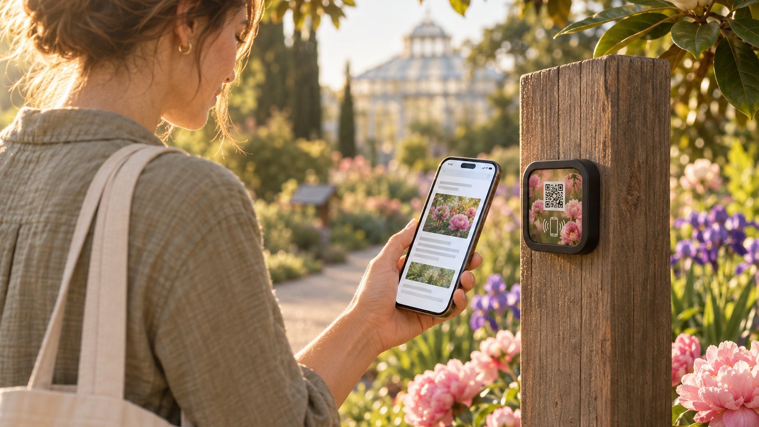 A visitor with a canvas tote reads a page about the peony bed on her phone beside a NearField Marker on a weathered timber post, with pink peonies, purple irises and a glasshouse behind her
