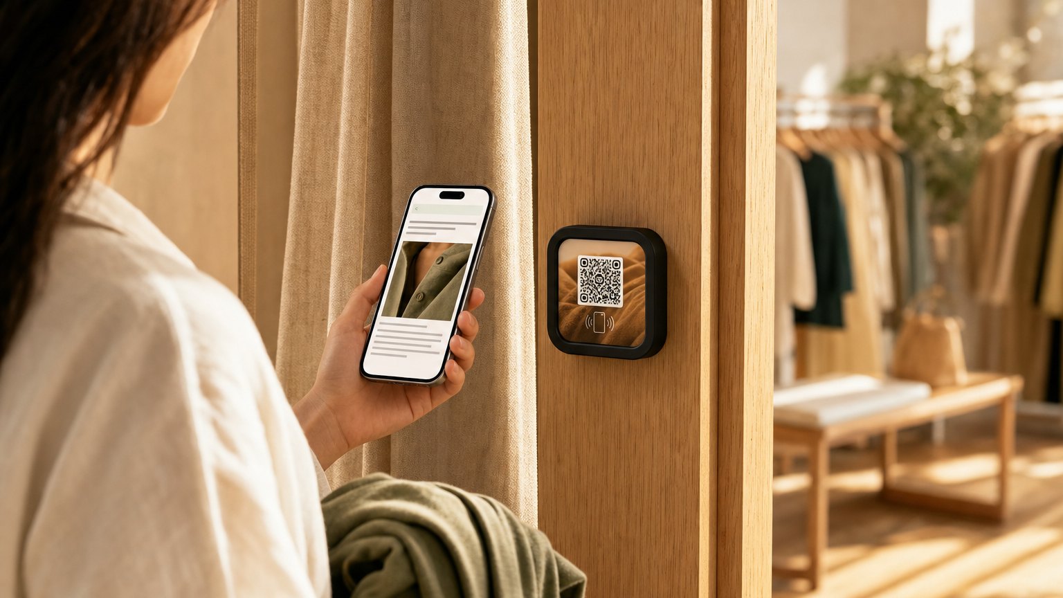 A shopper taps her phone to a NearField Marker beside a boutique fitting room curtain