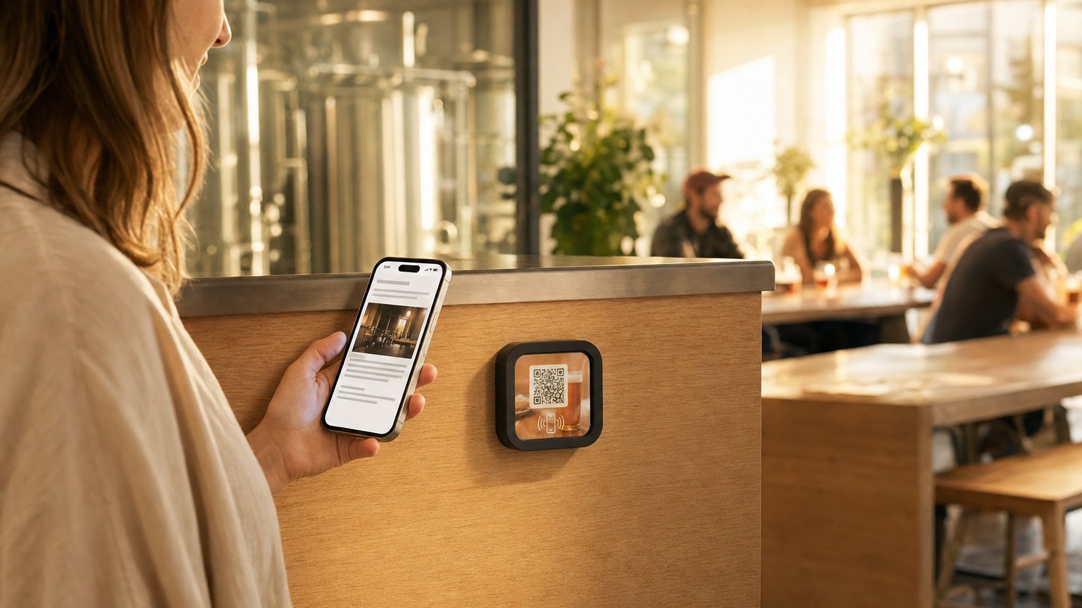 A visitor taps her phone to a NearField Marker on the end panel of a brewery taproom bar