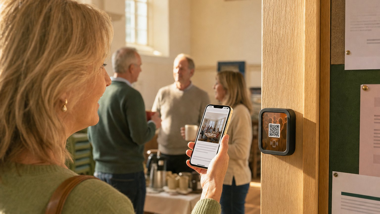 A guest taps her phone to a NearField Marker on the check-in table at a community meetup