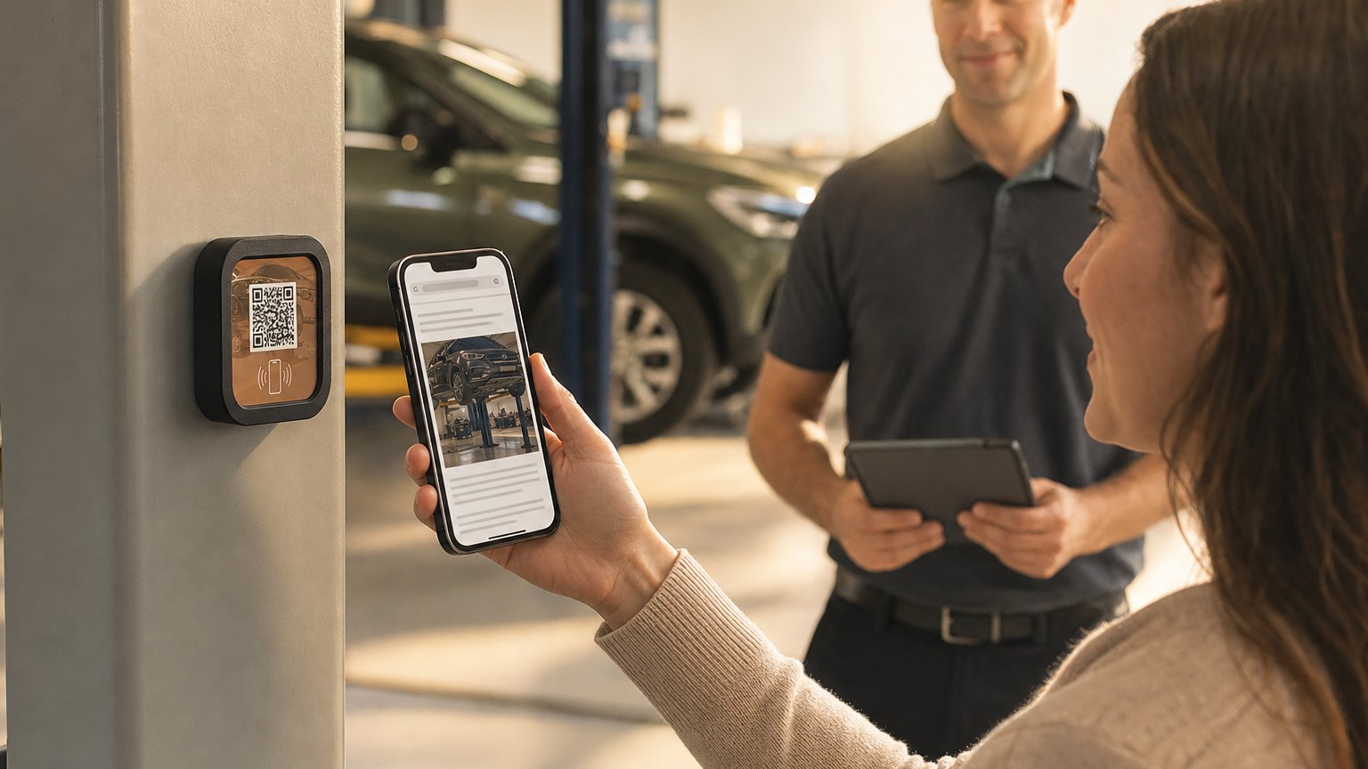 A customer taps her phone to a NearField Marker on the post of a dealership service bay
