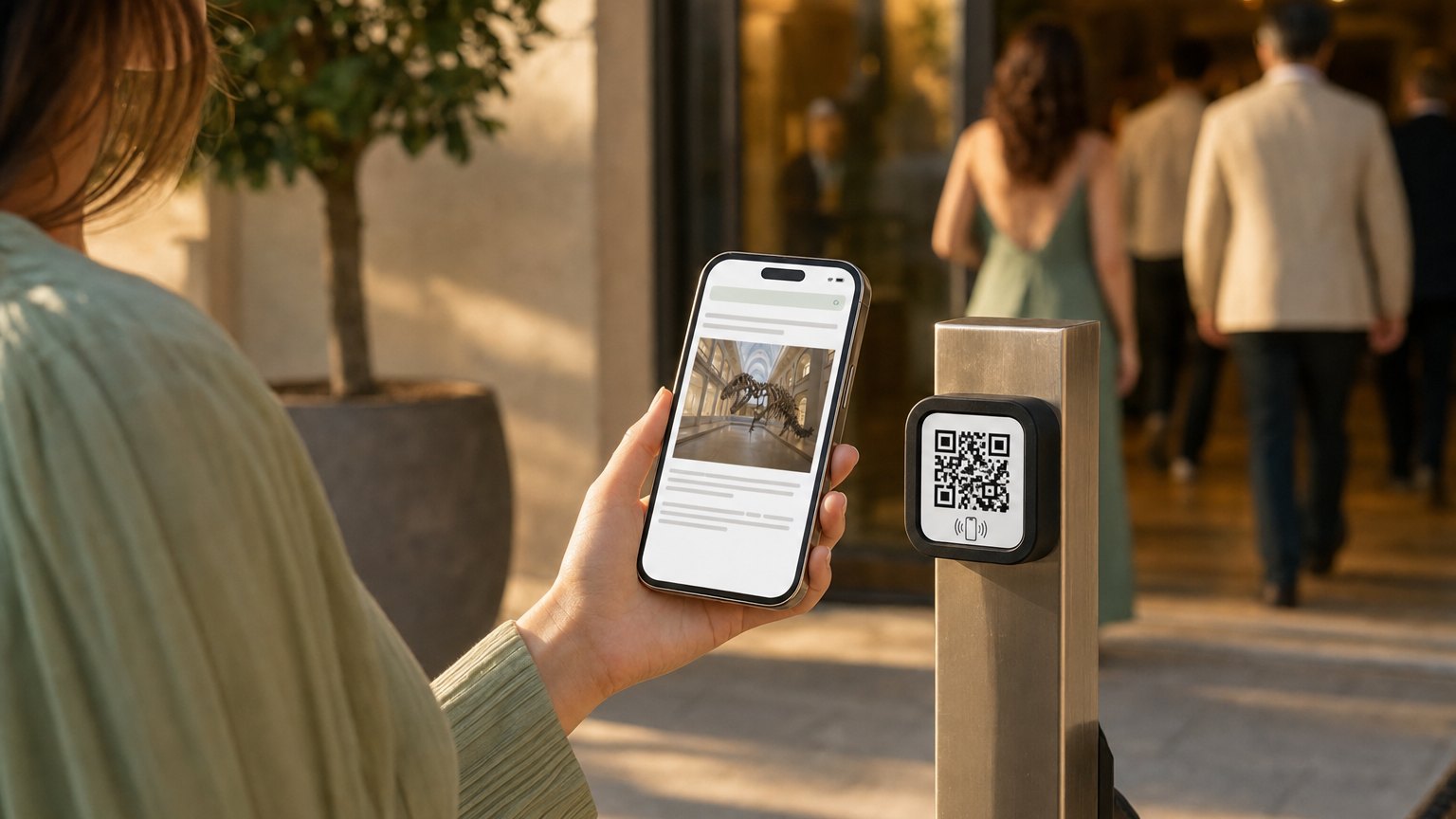 A guest taps her phone to a NearField Marker at an event entrance