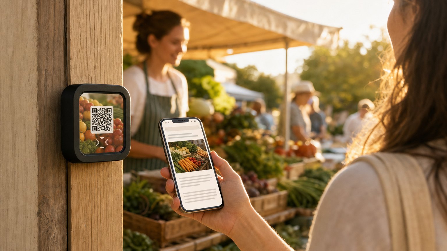 A visitor at a farm produce stand holds her phone beside a NearField Marker on a timber post, with a grower and crates of vegetables behind