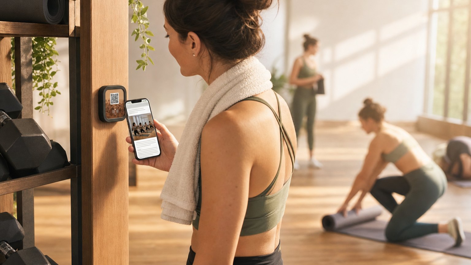 A member taps her phone to a NearField Marker mounted beside a studio door