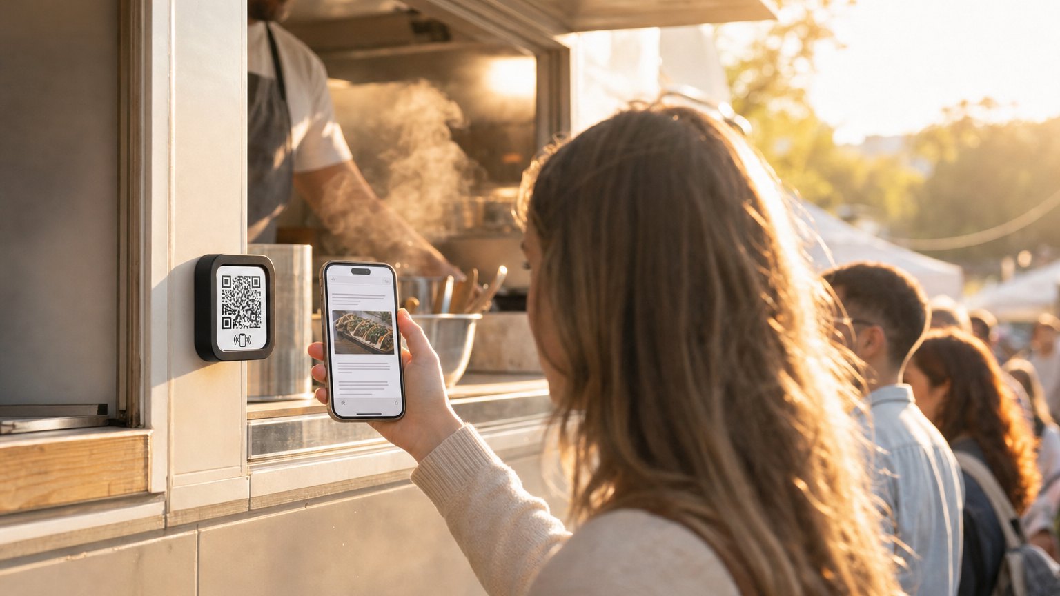 A customer taps her phone to a NearField Marker on the side of a food truck service window