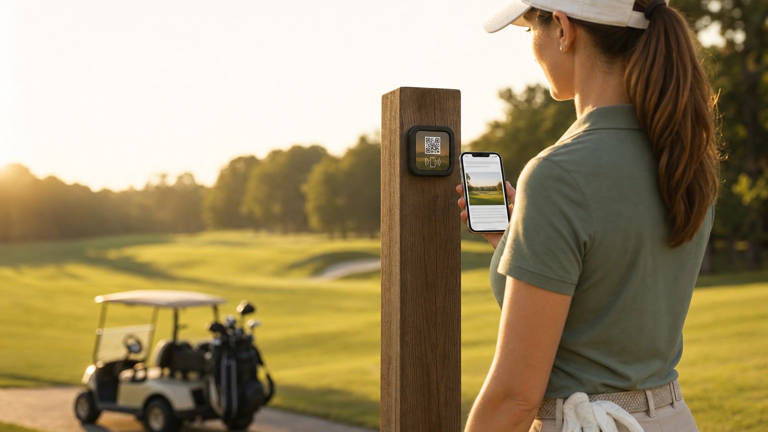 A golfer taps her phone to a NearField Marker on a timber tee marker post at golden hour