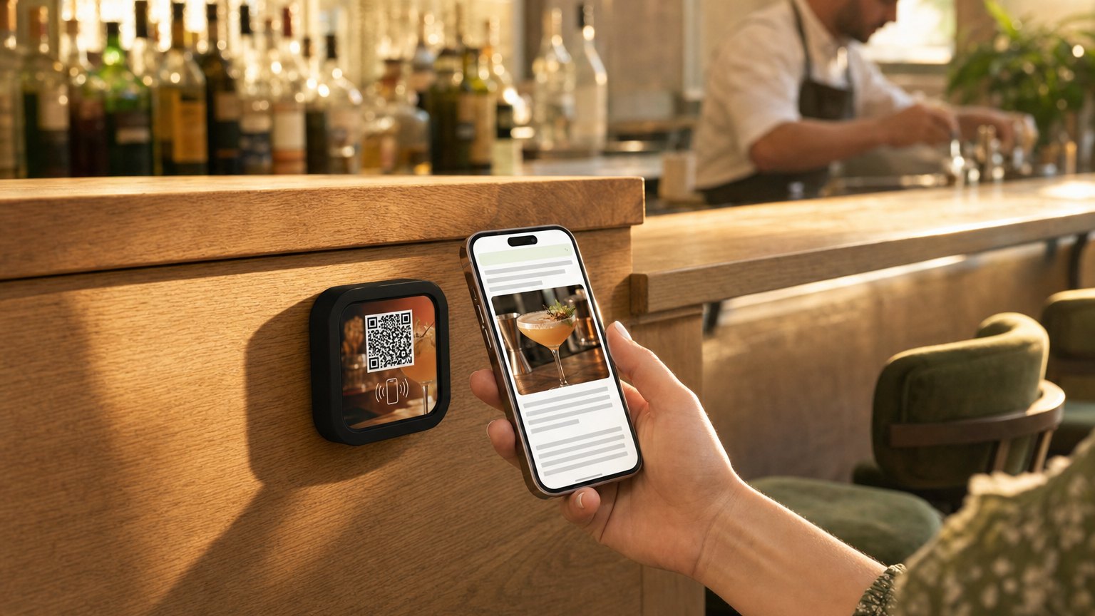 A guest taps her phone to a NearField Marker on the front of a hotel bar counter