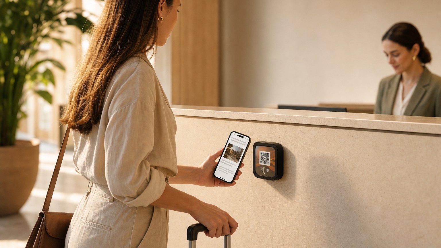A guest taps their phone to a NearField Marker beside a hotel front desk
