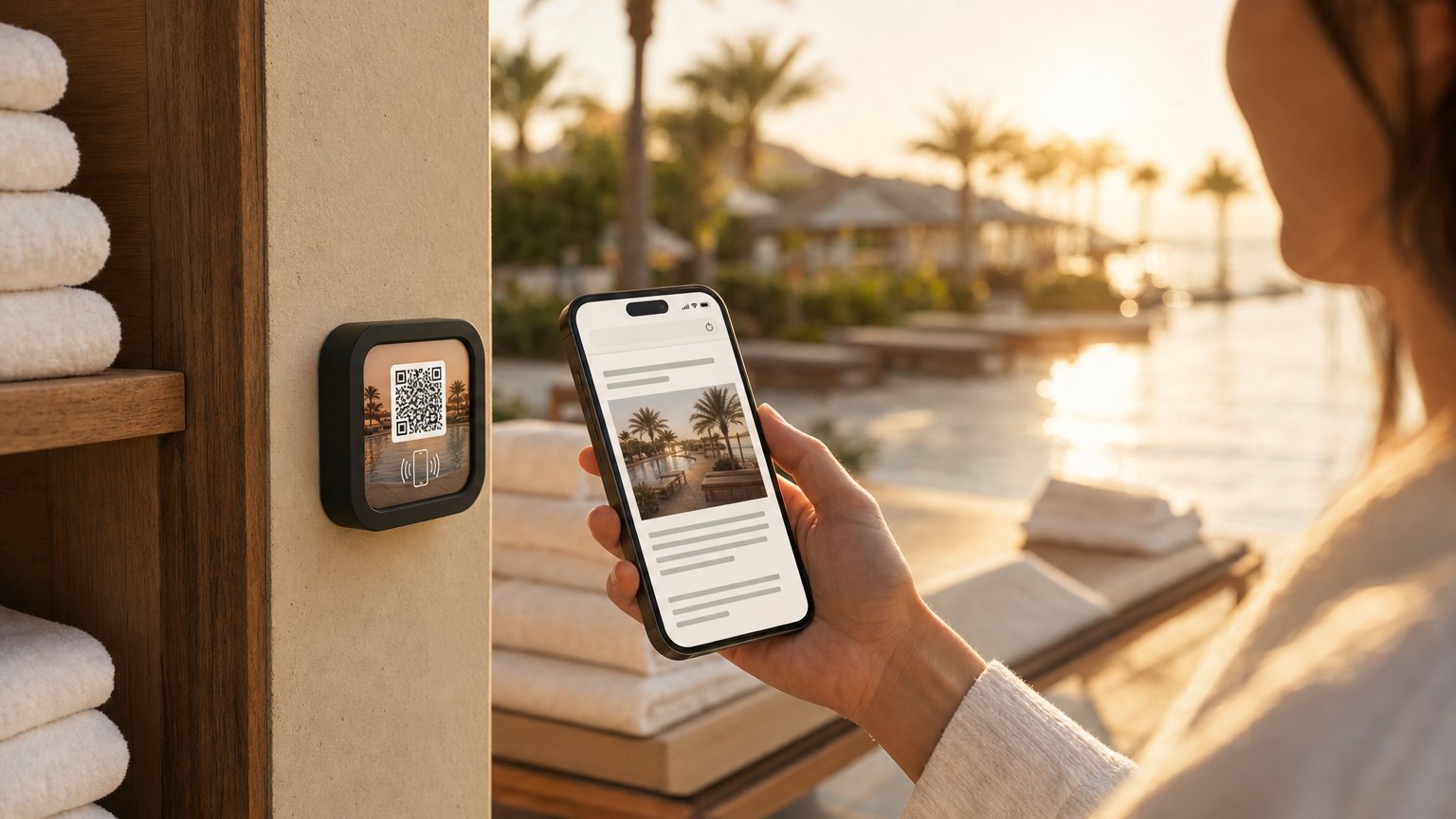 A guest taps her phone to a NearField Marker on a poolside towel station post