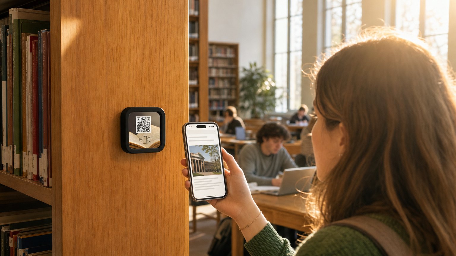 A student taps her phone to a NearField Marker on the end panel of a library shelf stack