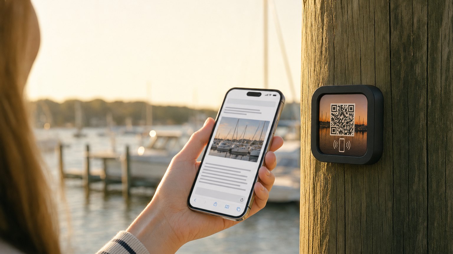 A visitor taps her phone to a NearField Marker on a timber piling at a marina dock