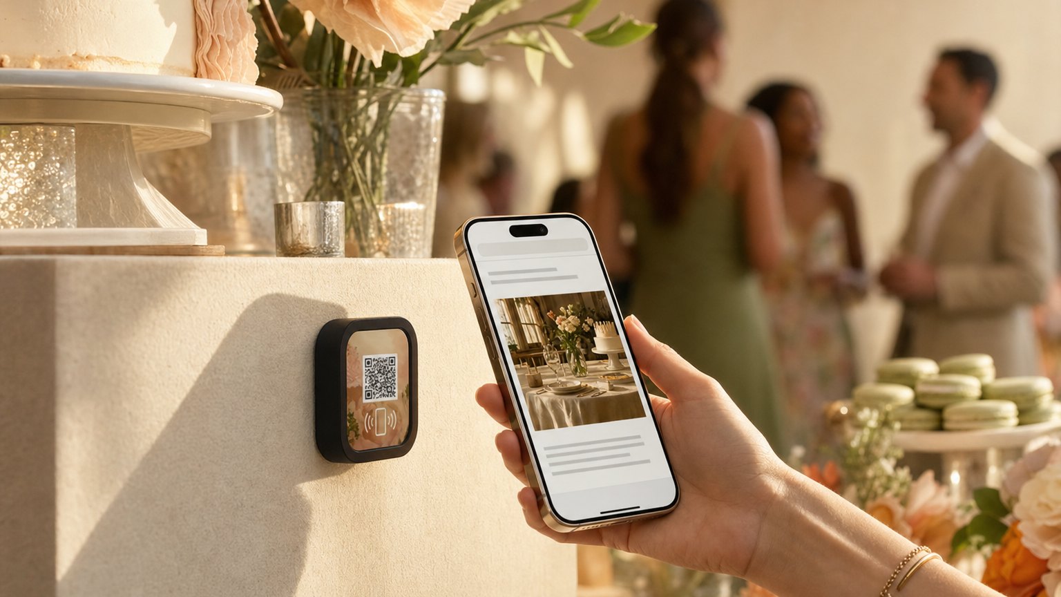 A guest taps her phone to a NearField Marker on the front of a celebration dessert table