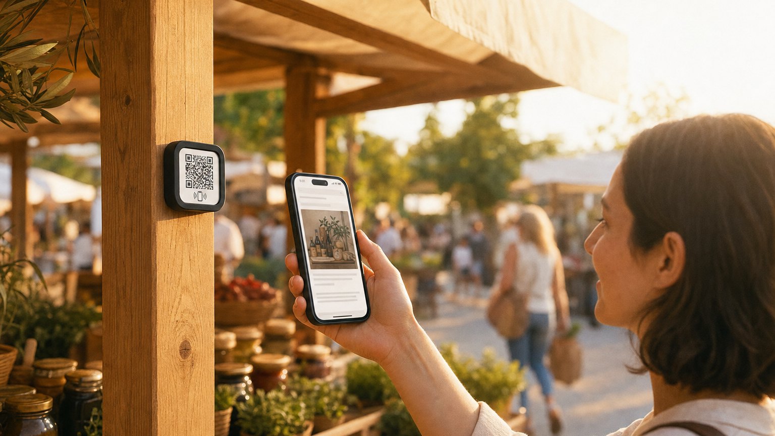 A shopper taps her phone to a NearField Marker at a pop-up shop display