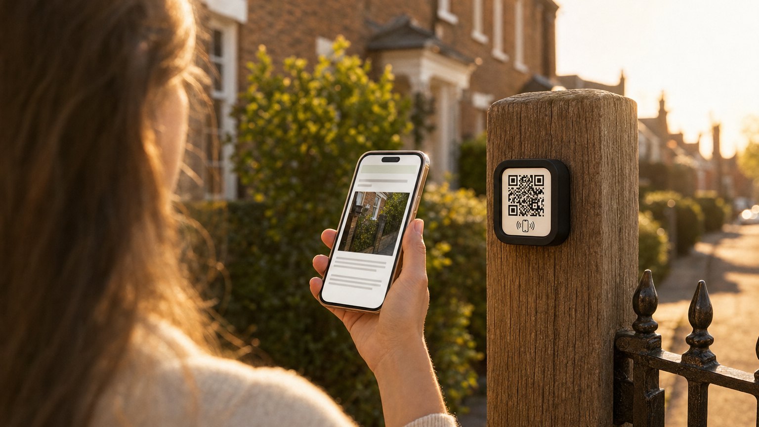An agent hands over a NearField Marker card that opens her profile and listings