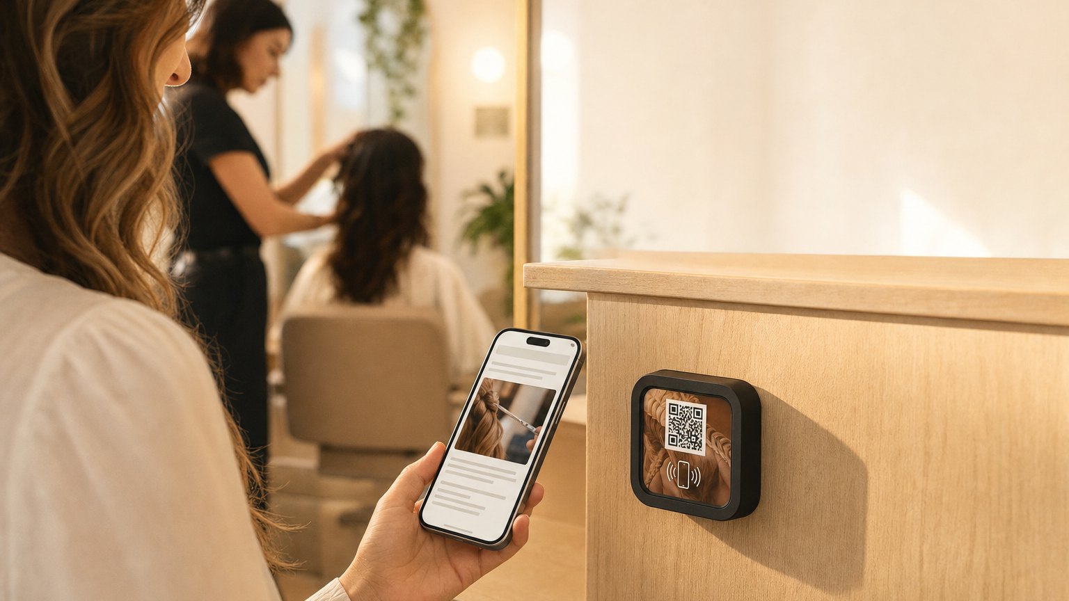 A client taps her phone to a NearField Marker on the side panel of a salon styling station