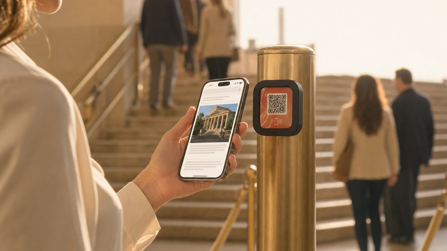 An audience member taps her phone to a NearField Marker on a stanchion in a theatre lobby