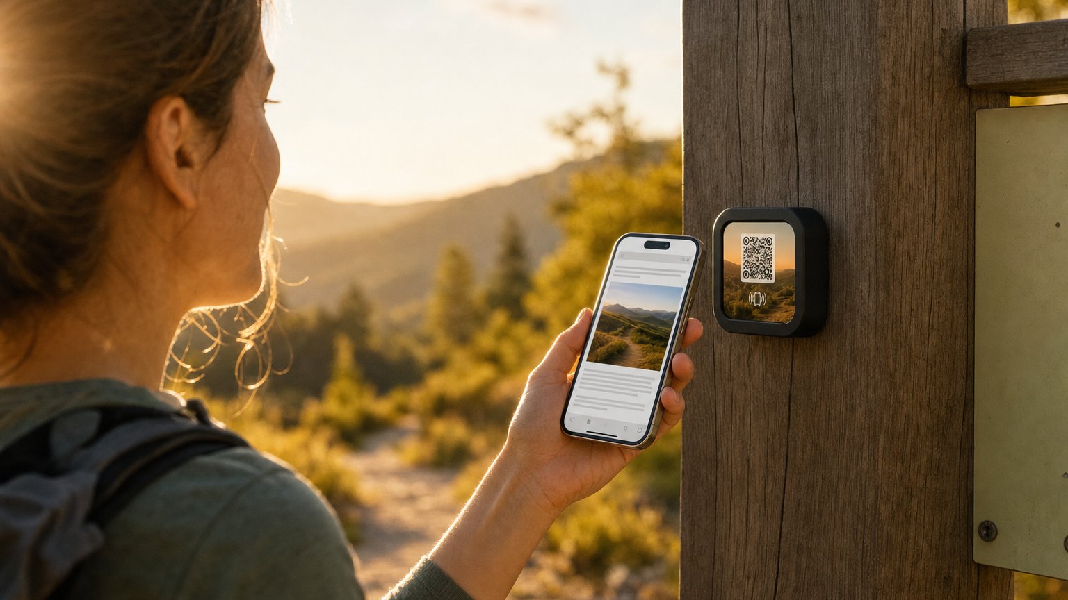 A hiker holds a phone to a NearField Marker on a weathered timber post, with a dirt trail and hills in low sun behind
