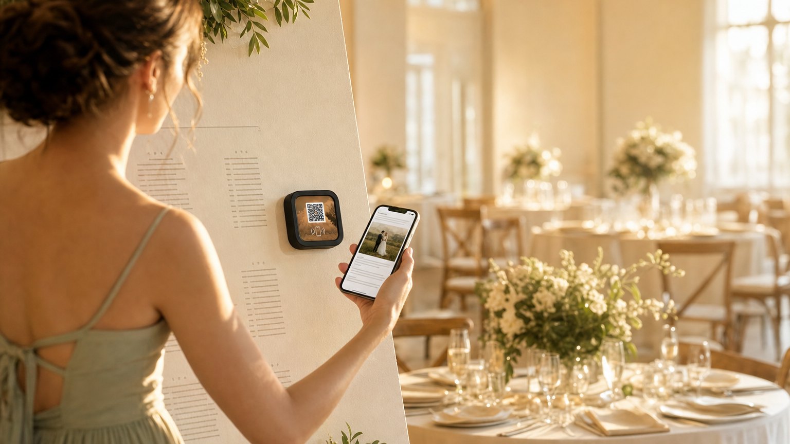 A guest taps her phone to a NearField Marker on a card table at a wedding reception
