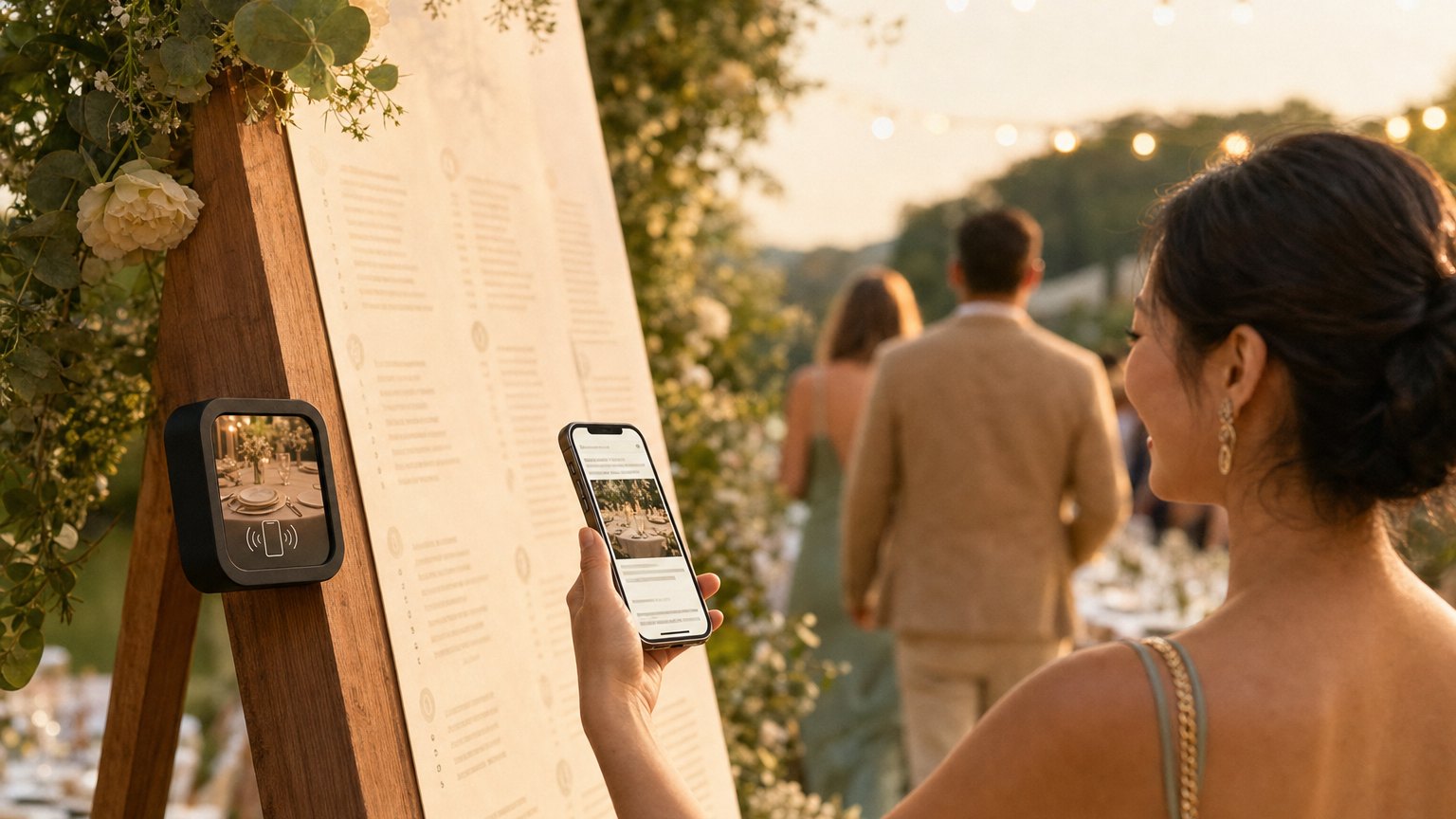 A guest taps her phone to a NearField Marker at a wedding ceremony