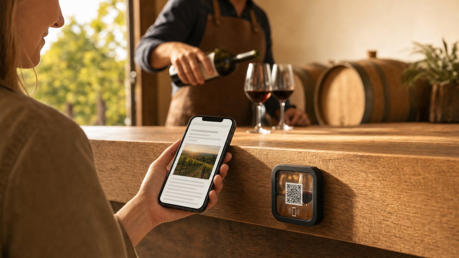 A visitor taps her phone to a NearField Marker on the front of a winery tasting room counter